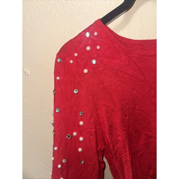 Calvin Klein Red Embellished Pearl‎ Detail Long Sleeve Top Size L - Picture 5 of 8